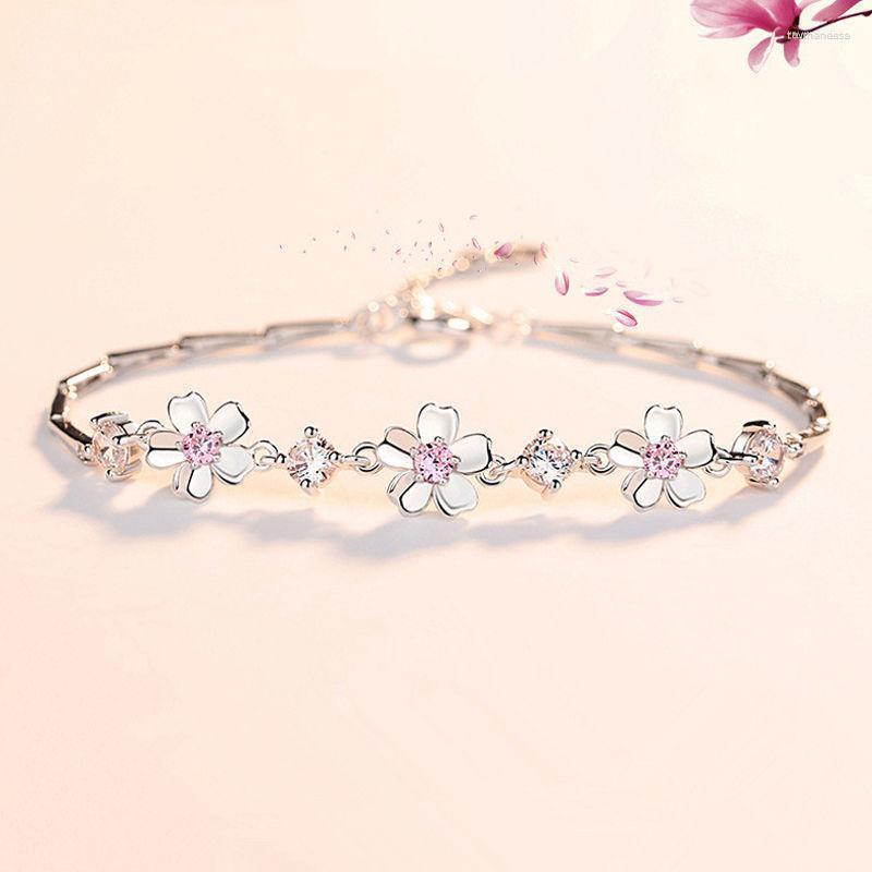 

Link Bracelets Chain 925 Sterling Silver Pink Cherry Blossom Bracelet Zirconia Good Luck Linked For Women Charm Bangle Valentine Jewelry