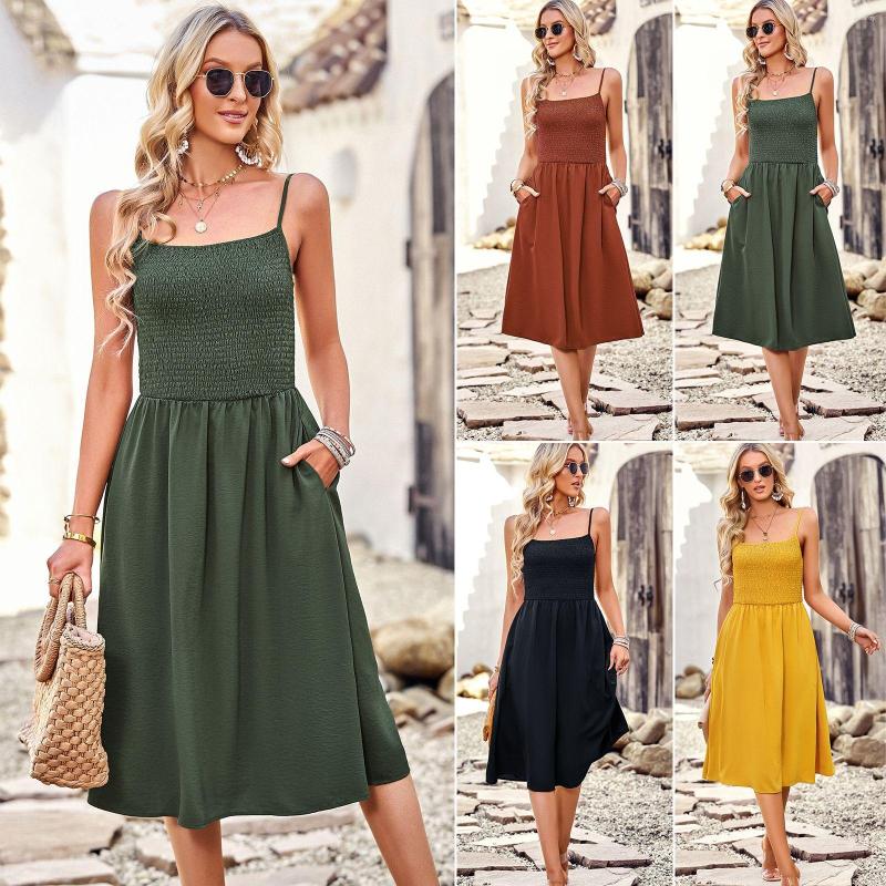 

Casual Dresses Women 2023 Summer Fashion Pure Color Camisole Sleeveless Elegant Temperament Dress Robe, Yellow