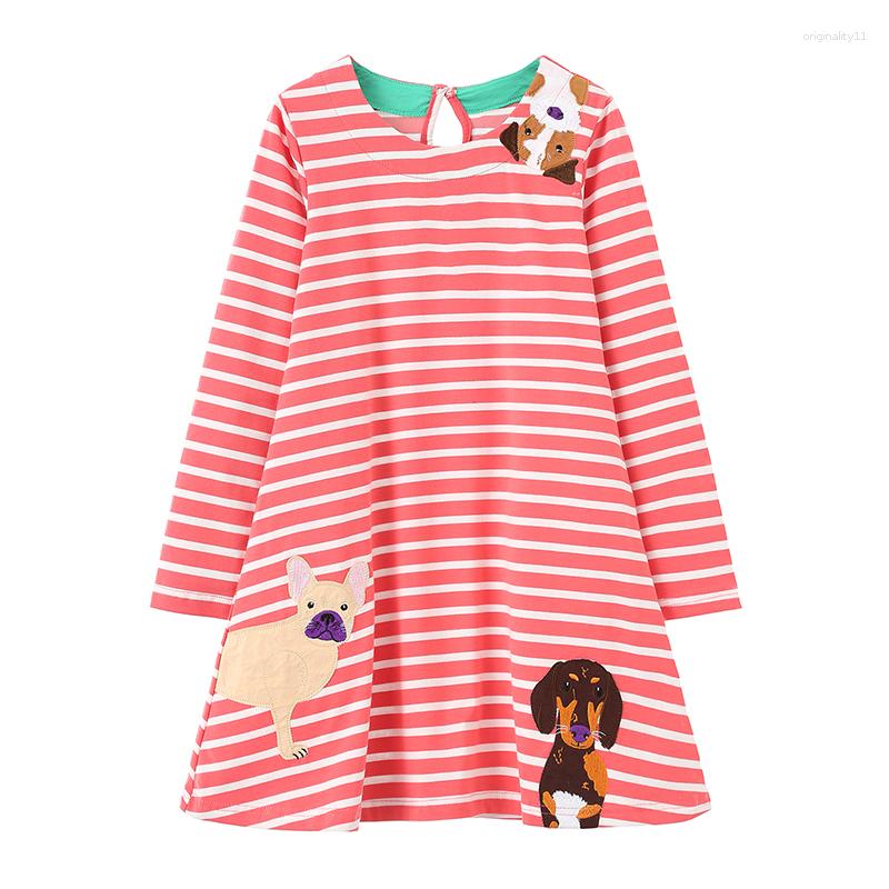 

Girl Dresses Jumping Meters 4-8T Dog Embroidery Children's Princess Girls Striped Animals Long Sleeve Autumn Kids Birthday Dress, T202308