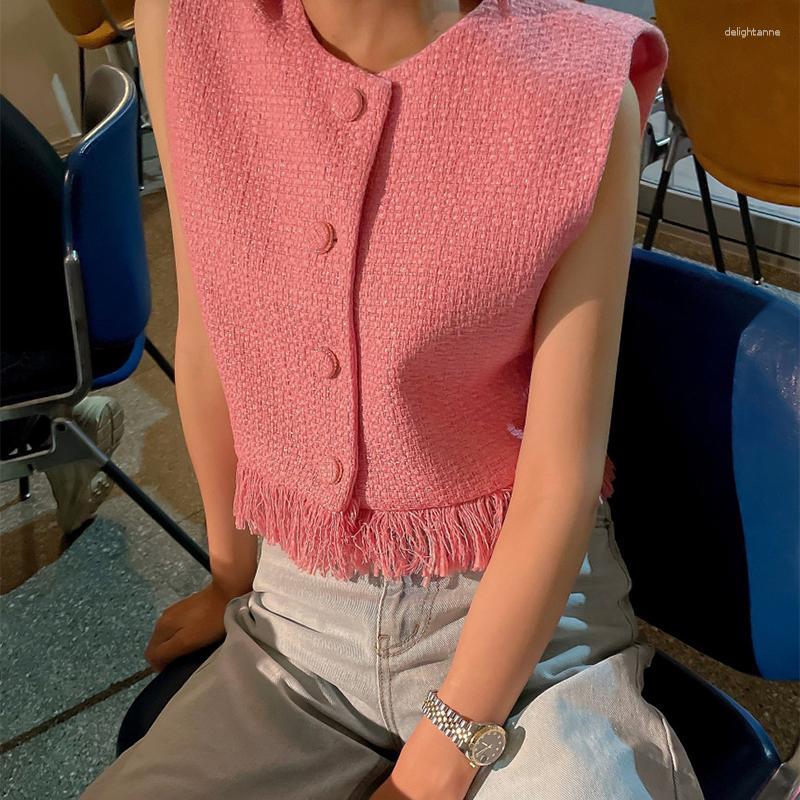

Women's Vests O-Neck Button Patchwork Fringe Short Tweed Women's Vest Top Sleeveless 2023 Summer Korean Elegant Lady Chic Fashion Outfit, White vest top