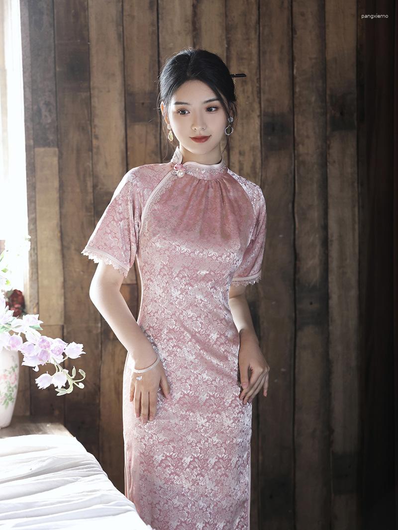 

Ethnic Clothing Chinese Style Traditional Pink Floral Print Qipao Woman Elegant Split Dress Bodycon Cheongsam