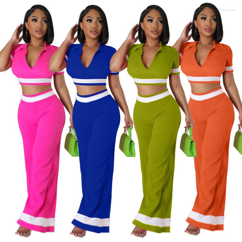 

Women's Two Piece Pants Women Color Blocking Short Sleeve V Neck Crop Top Wide Leg Set Female Matching Sets Lady Office Suits, Blue