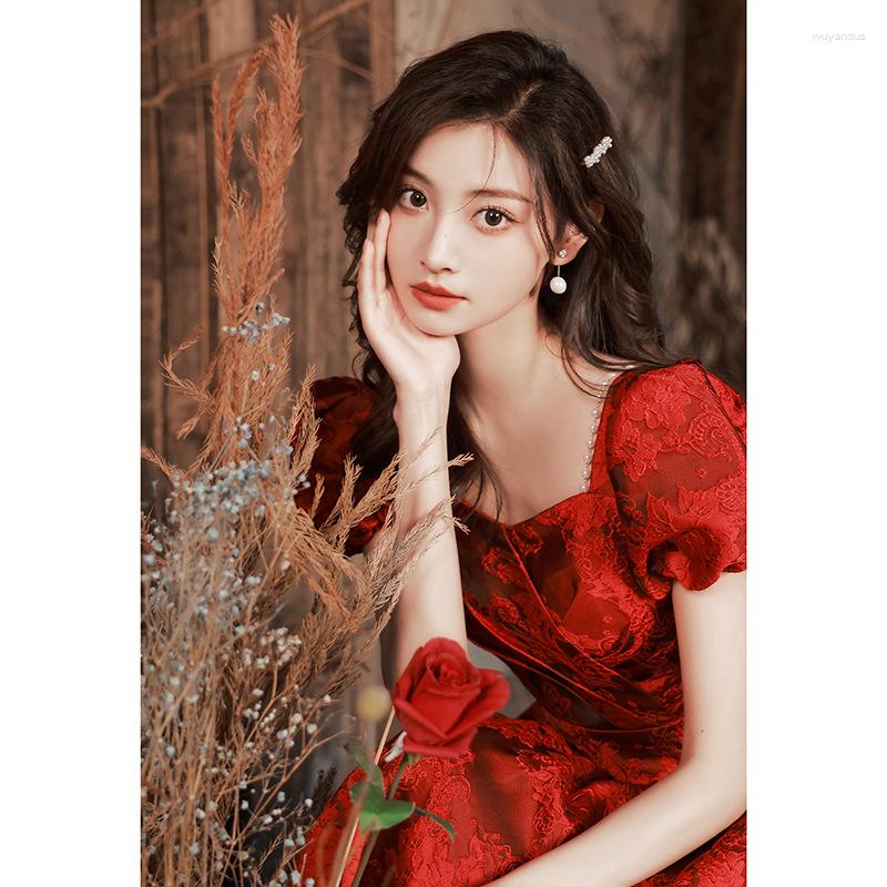 

Ethnic Clothing 2023 Women Square Neck Long Wedding Dresses Vestido De Festa Elegant Burgundy Print Banquet Party Prom Toast