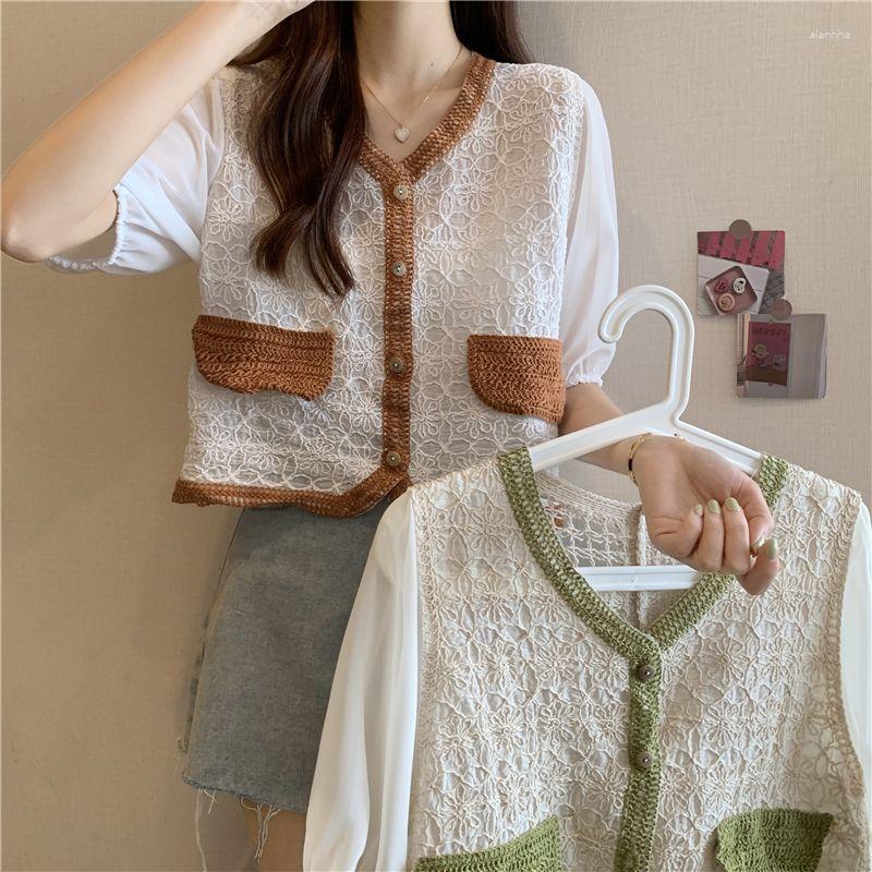

Women's Blouses Korea Summer Long Sleeve Vintage National Trend Female Clothes Out Patchwork Chiffon Shirts Woman 2023, Green