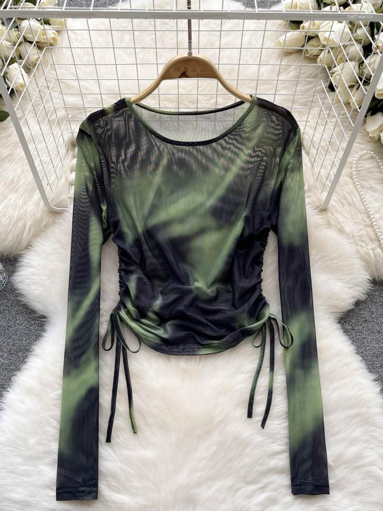 

Women's T Shirts Women Autumn Winter T-Shirts Niche Design Tie Dyed Drawstring Round Neck T-shirt Top Long Sleeve Slim Bottoming Shirt D2577, Color 8