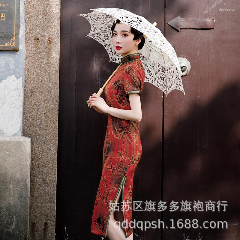 

Ethnic Clothing 2023 Elegant Red Floral Print Short Sleeve Cheongsam Retro Improved Mandarin Collar Slim Daily Qipao