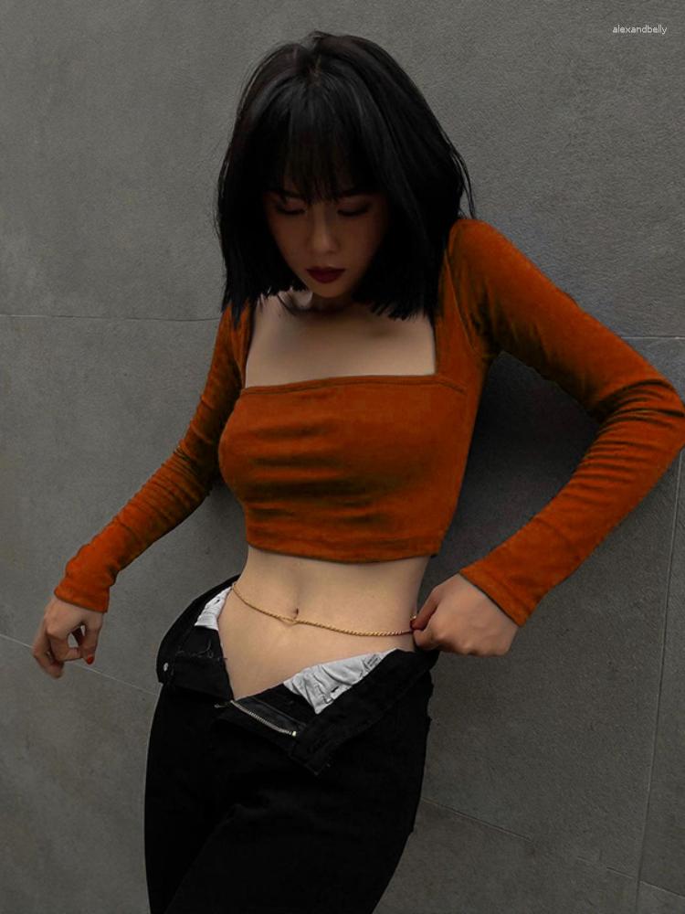 

Women's T Shirts Women's Crop Tops Square Neck Aesthetic Woman Blouses Long Sleeves Coqutte Clothes Solid T-shirt Slim Fit Party Outfits, Blue