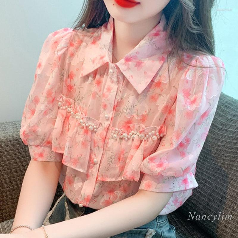 

Women' Blouses Beaded Floral Puff Sleeve Chiffon Shirt Womans 2023 Summer Fairy Ruffled Cute Youth-Looking Pink Buttons Top Blusas Mujer, Picture color