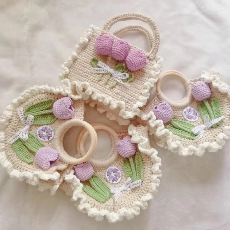 

Evening Bags 2023 Knitted Purple Tulip Flower Tote Bag Basket Hand Knitting Spring Outing Crochet Girlfriend Gift Floral Bucket, Material package b