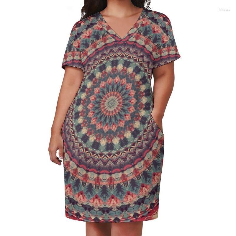 

Plus Size Dresses Retro Mandala Dress V Neck Bohemia Print Korean Fashion Summer Kawaii Casual Women Graphic ClothingPlus, Style-14