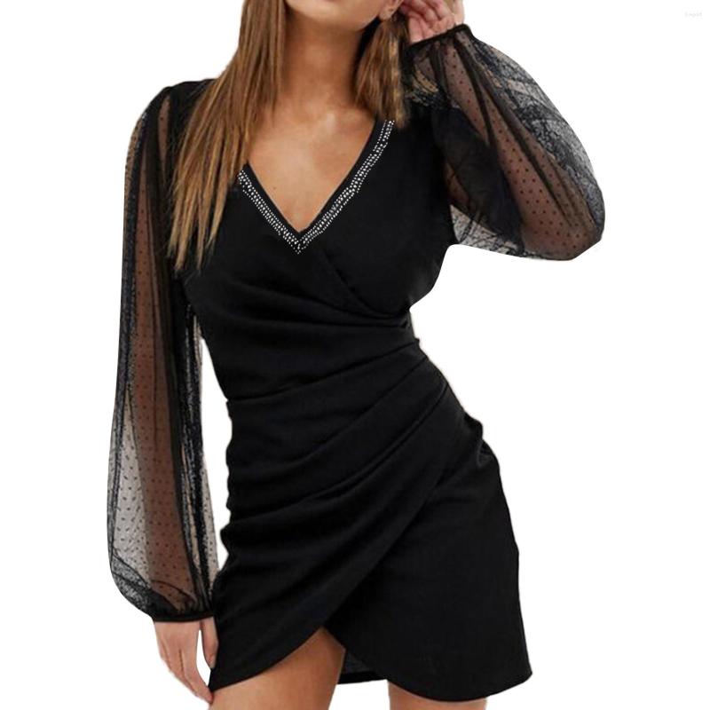 

Party Dresses Fashion Women Lantern Sleeve Perspective Mesh Casual Mini Dress, Black