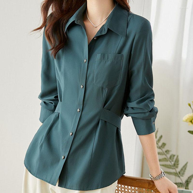 

Women's Blouses Elegant Office Lady Ladies Clothes Spring POLO Collar Long Sleeve Tops Women Solid Color Pocket Single Breasted Shirt, Dark green