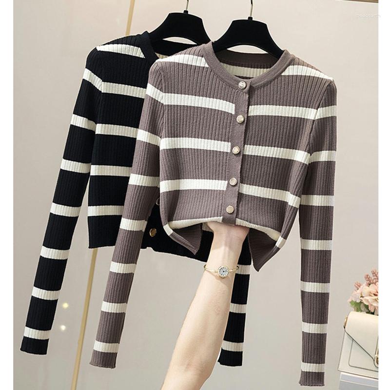 

Women's Knits Cardigan Crop Top Autumn Winter Pull Femme Striped O-Neck Women Sweater Long Sleeve Knitted Korean Open Stitch Jersey Mujer, Black