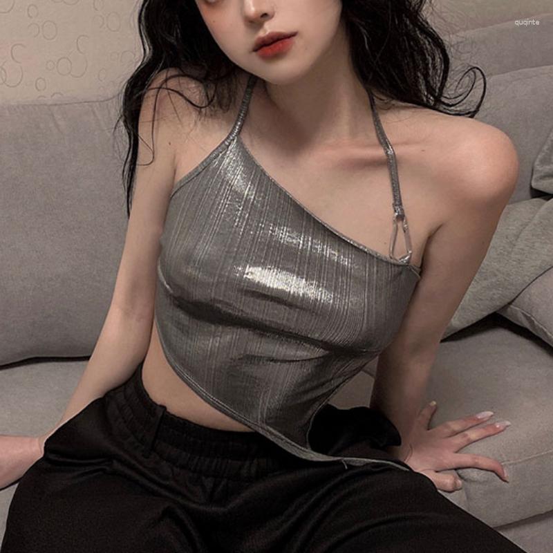 

Women' Tanks Streetwear Fashion Backless Lace-up Solid Color Camisole Women 2023 Summer Korean Chic Irregular Sexy Slim Crop Tops, Silver