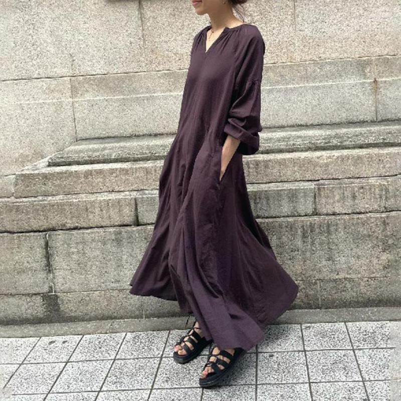 

Casual Dresses Temperament Retro Women Spring Summer Long Sleeve Solid Loose Linen Maxi Dress Vestidos Elegantes Robe Korean Clothes