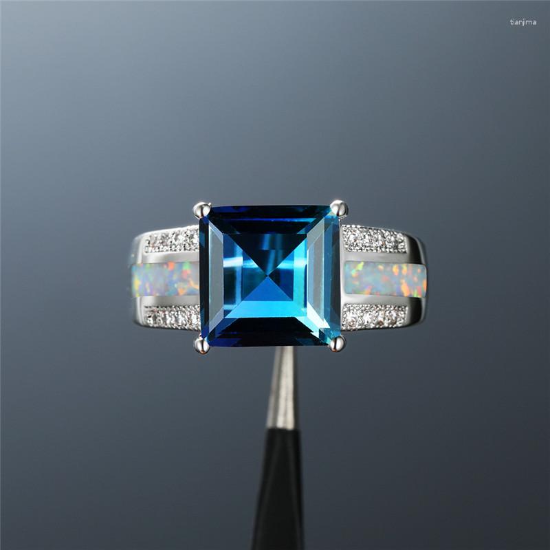 

Wedding Rings Charm White Fire Opal Ring Female Cute Rainbow Crystal Square Stone For Women Vintage Silver Color Engagement