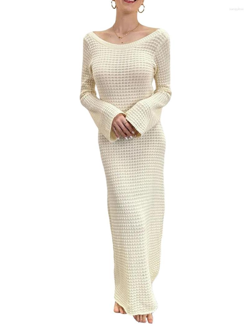 

Casual Dresses Women Summer Crochet Knit Dress Lomng Sleeve Backless Bodycon Hollow Out Cover Up Beach Wear, A-creamy white