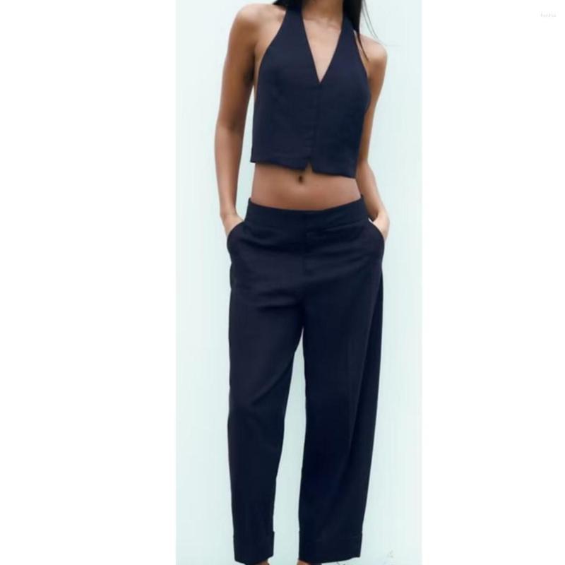 

Women's Two Piece Pants High Waist Zipper Pockets Trouser Outwear Summer Women Solid Top Pant Sets 2023 Fashion Sleeveless Halter With Belt, 2pcs