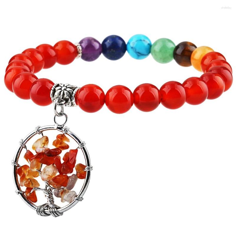 

Charm Bracelets SUNYIK 8mm Carnelian Stone Beaded Bracelet Tree Of Life Dangle 7 Chakra Beads Yoga Energy Reiki Healing Women Jewelry