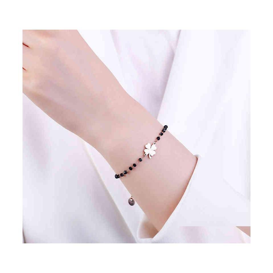 

Charm Bracelets Rose Gold Clover Stainless Steel Womens Black Crystal Beads Chain Bracelet Fashion Jewelry Joyas De M Dhrq3