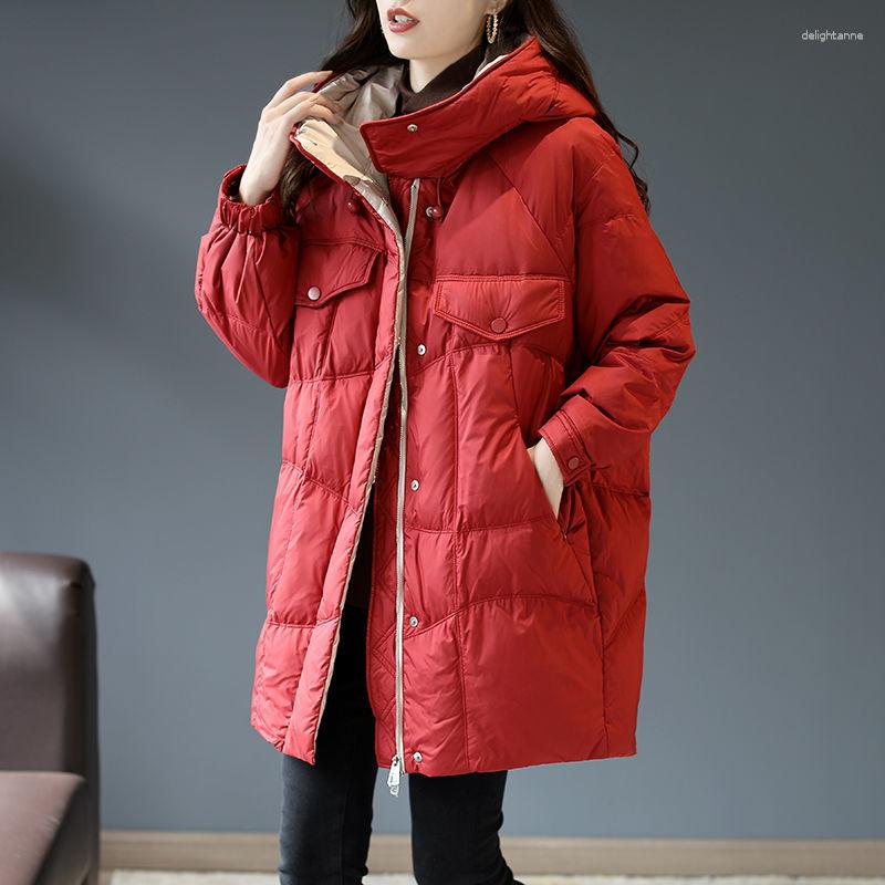 

Women's Down Fashion Winter 90% White Duck Warm Jacket Female Korean Version Loose Hooded Mid-length 2023, Red
