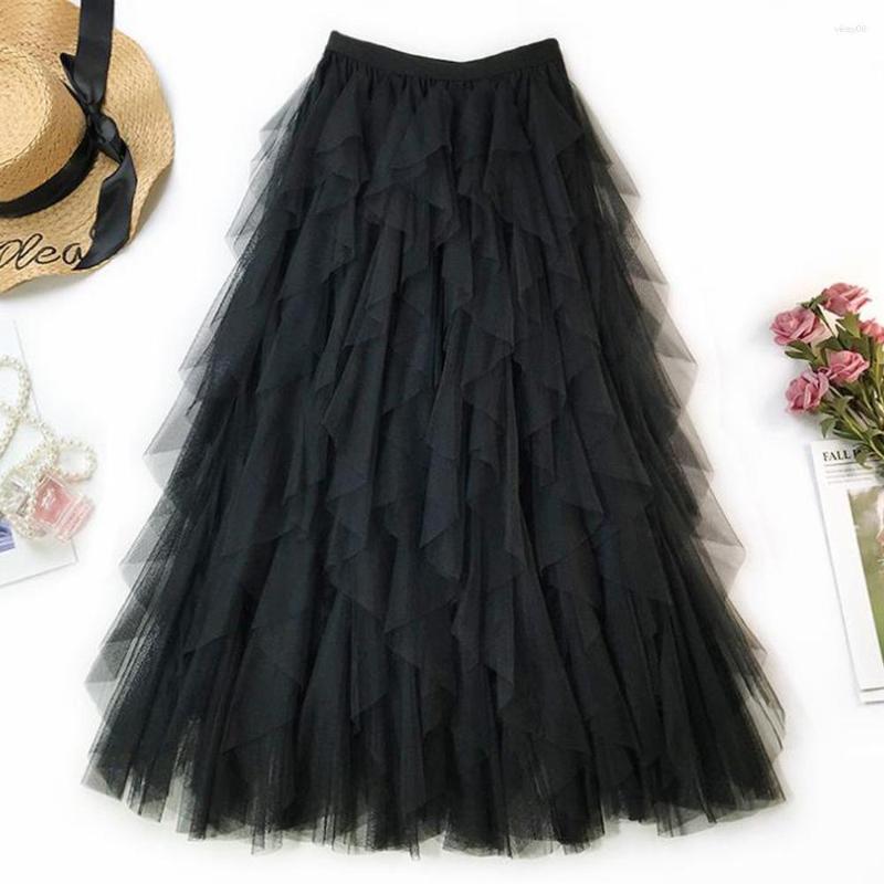 

Skirts Preppy Style Tulle Skirt Women Long Pleated 2023 Spring Summer Korean Black Pink High Waist Maxi Female, Pink skirt