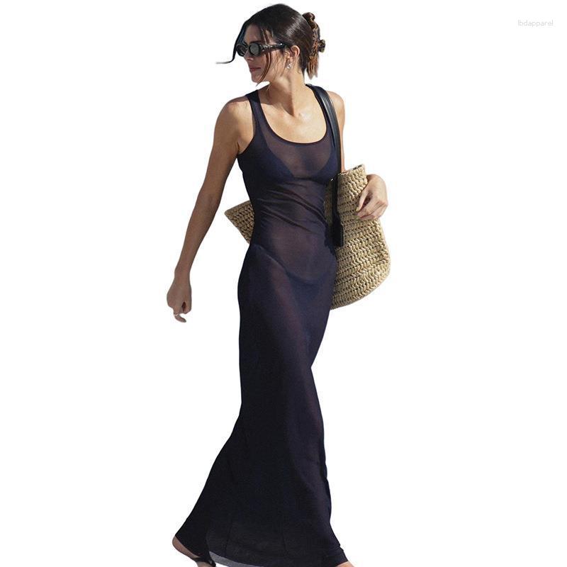 

Casual Dresses European And American Style 2023 Summer Women' Sexy Perspective Mesh Holiday Evening Dress, Navy blue