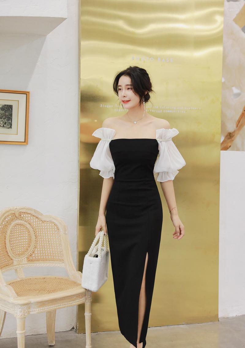

Party Dresses 2023 Charming Cocktail Strapless Short Lantern Sleeve Off The Shoulder Ankle-Length Straight High Split Sexy Gowns, Black