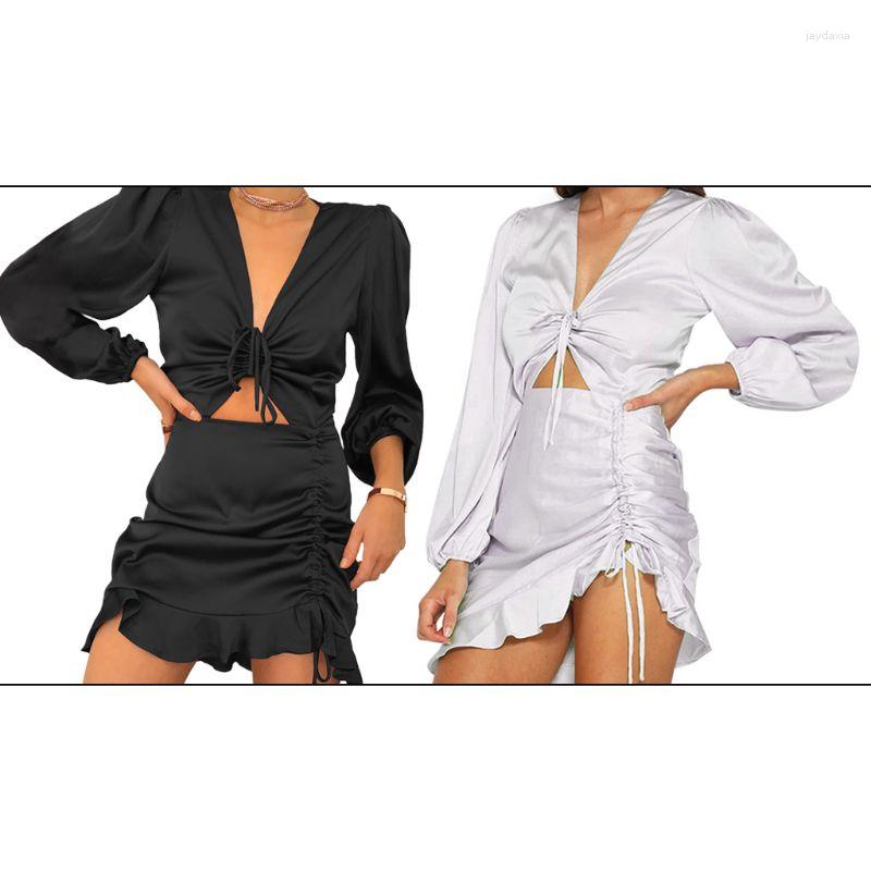 

Casual Dresses Women Faux Silk Long Puff Sleeve Mini Bodycon Dress Ruched Asymmetric V-Neck Drawstring Hollow Out Clubwear DropShip, Beige