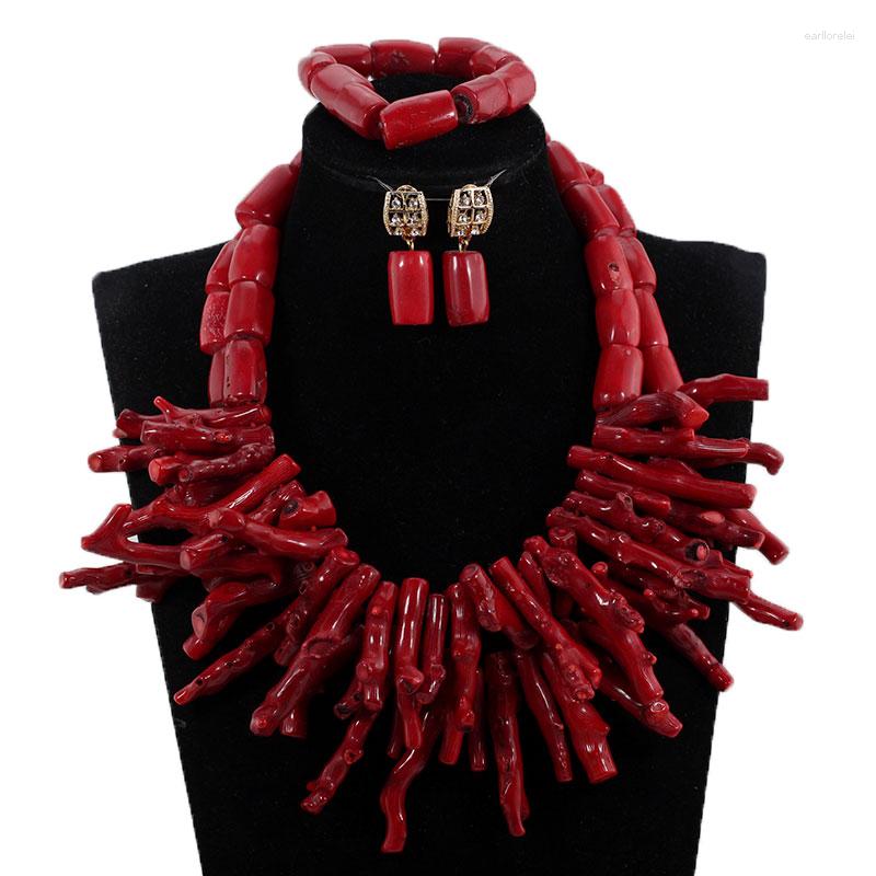 

Necklace Earrings Set Big Coral African Jewelry Fashion Wine Red Original Beaded Women Chunky Statement CNR034, Picture shown