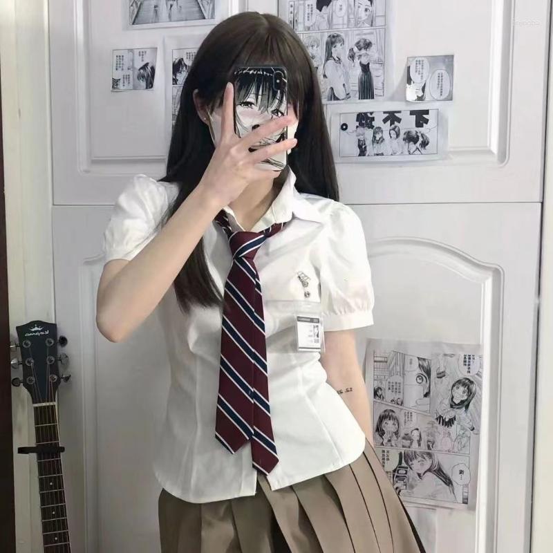 

Women' Blouses White Women Summer Sweet Sexy Camisas Short Y2k Jk Preppy Style Bandage Bow Chemise Femme Slim Waist Puff Sleeve Shirts