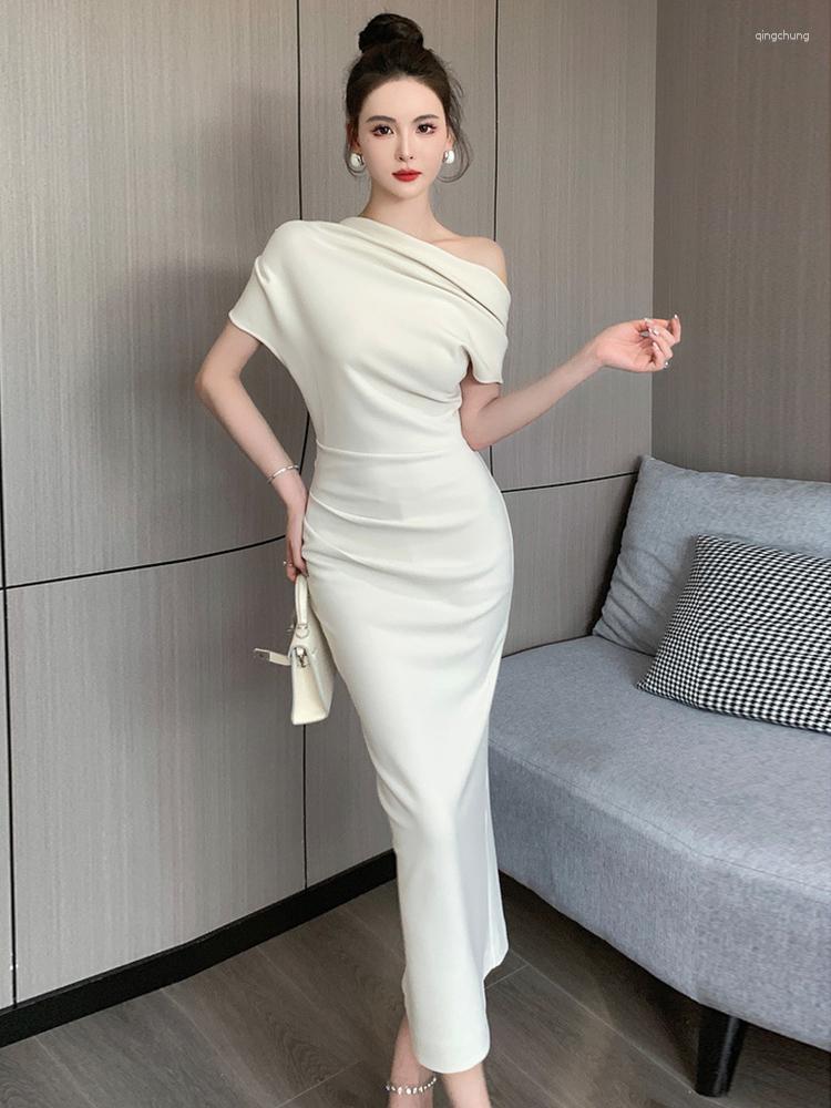 

Casual Dresses Fashion Summer Elegant Women Evening Dress Chic Simple Diagonal Collar Midi Party Gown Vacation Robe Femme Mujer Vestido, White