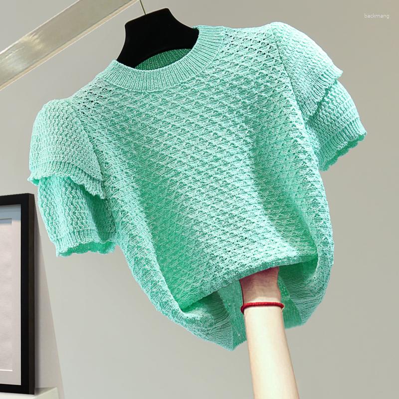 

Women' T Shirts Hollow Out Knit Tshirt Women Puff Sleeve T-shirt 2023 Summer Slim High Waist Short Ruffled Knitwear Top Ladies Green