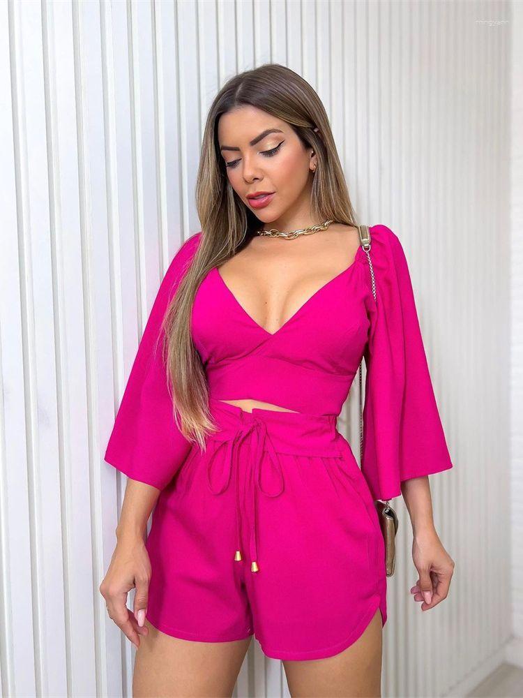 

Women' Tracksuits Women Summer Solid Shorts Sets Casual V Neck Flare Sleeve Shirt And Lace Up Straight Two Piece Set Outfits Clothes, Orange