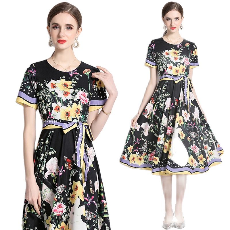 

Summer Floral Print Midi Black Dress Short Sleeve 2023 Luxury Designer Women O-Neck Slim Ruched Tie Waist Vacation Dresses Robes Ballgown Female Party Vestidos