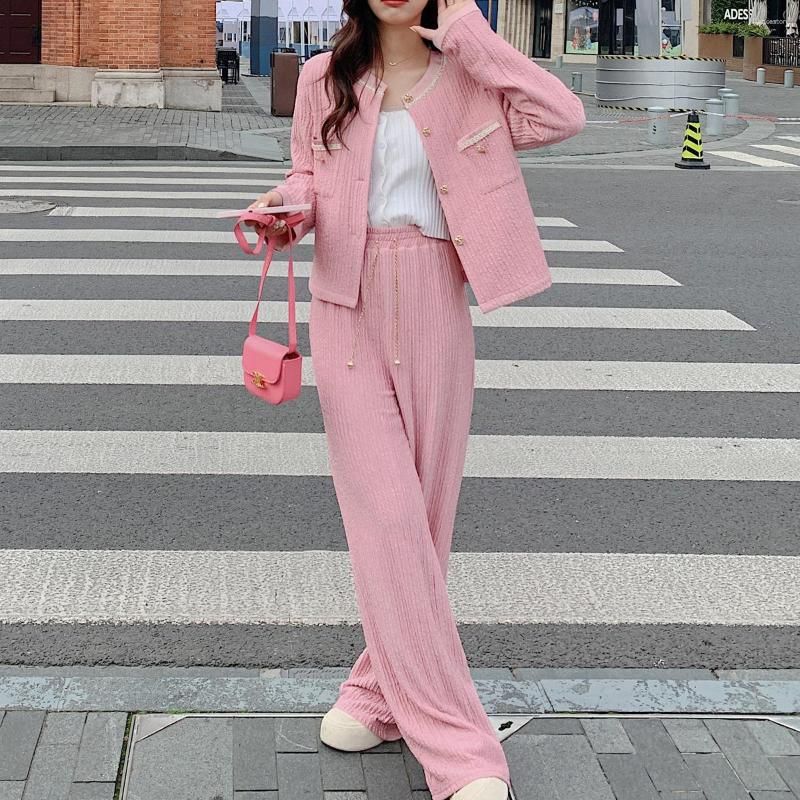 

Women' Two Piece Pants Women Spring Autumn Pieces Set Small Fragrance Vintage Long Sleeve Coats Jackets And Loose Straight Wide Leg Suits, Pink
