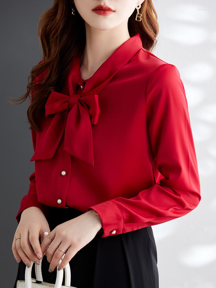 

Women' Blouses Solid Red Pearl Buttons Women Shirt Fashion Long Sleeve Bow Tie Neck Woman Satin Luxury Korea 2023 Elegant And Vintage, White