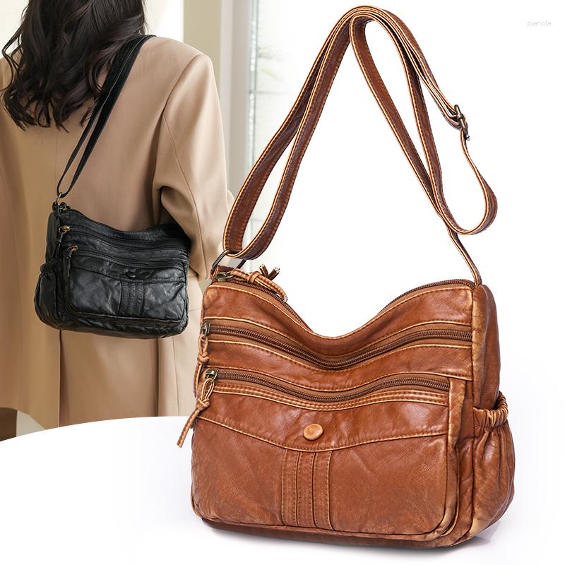 

Evening Bags Women's Soft Leather Casual Shoulder Multi-layer Crossbody Bag High Quality Messenger Handbag For Female, Khaki