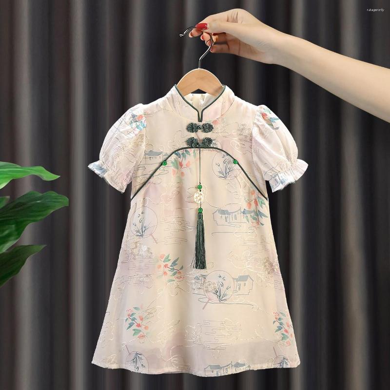 

Ethnic Clothing Summer Short Sleeved Children's Cheongsam Dress Chinese Style Girl Hanfu Skirt