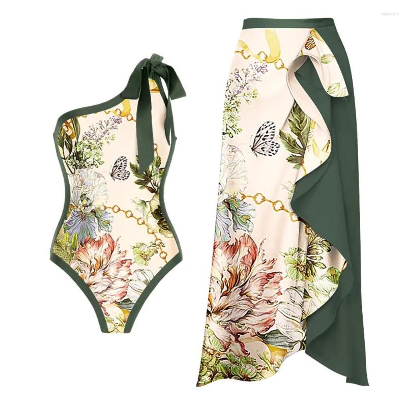 

Women's Swimwear Green One-shoulder Strap One-piece Printed Swimsuit Independent Ruffled Pleated Elegant Beach Skirt 2023 Pre-sale, Yellow skirt