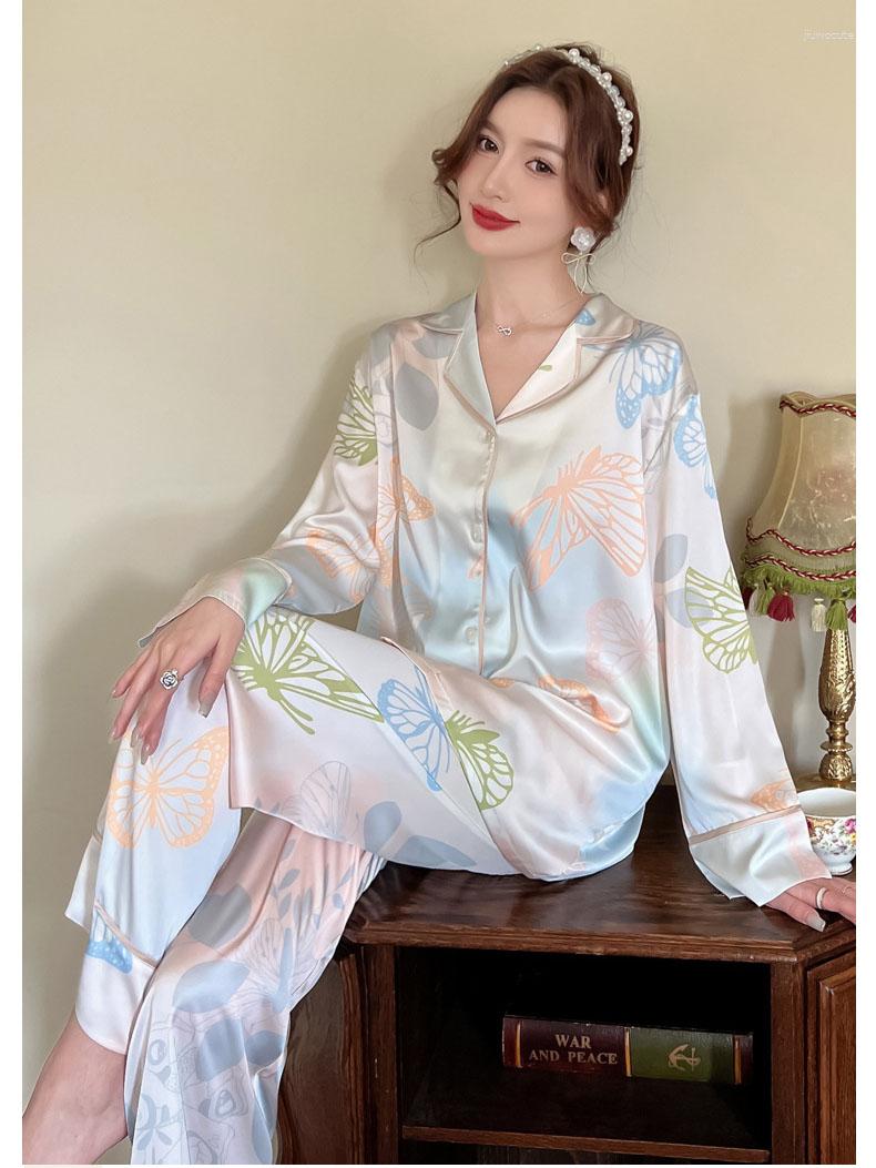 

Women's Sleepwear Spring WomenSilk Pajamas Butterfly Printed Soft Long Sleeve Loungewear Button Down Pjs Set