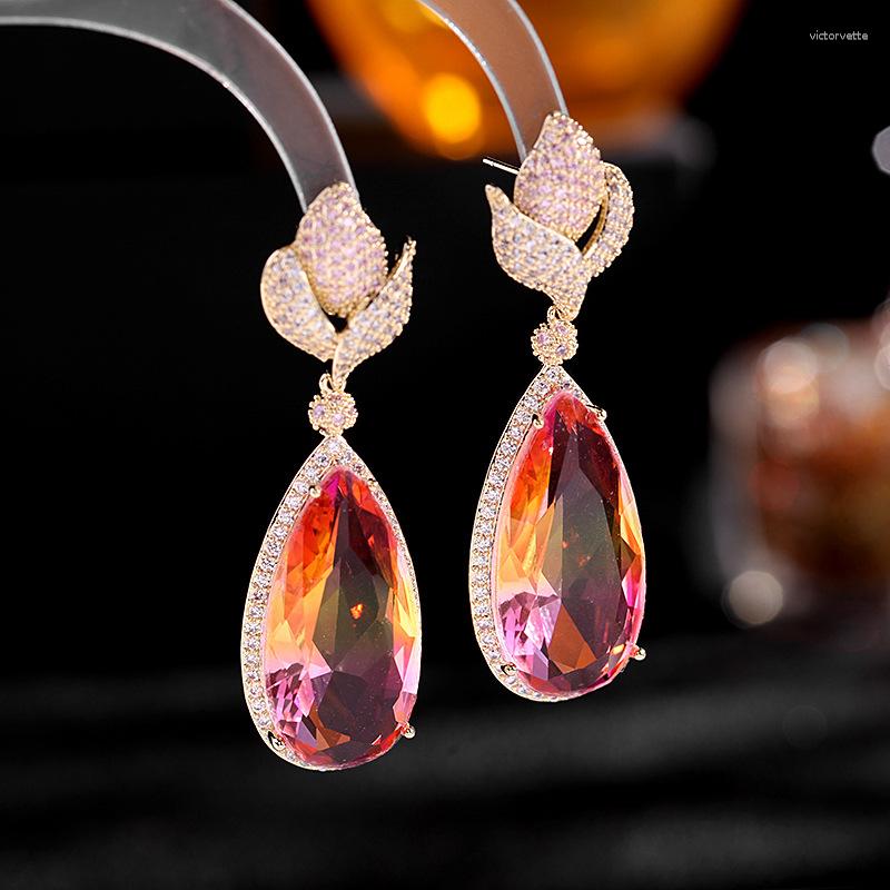 

Dangle Earrings Retro Pink Cubic Zirconia Exaggerated Color Long 925 Silver Needle Flower Water Drop Wedding Jewelry