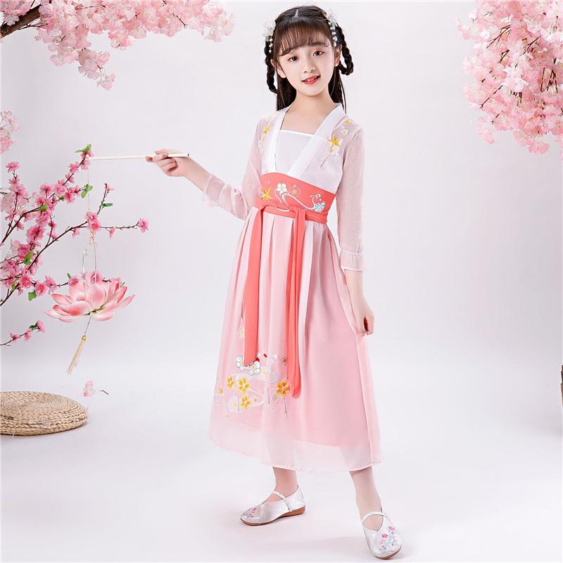 

Ethnic Clothing Hanfu Girl Costume Chinese Style Long-sleeved Tang Suit Pink Dress Cheongsam Birthday Vestido Chino