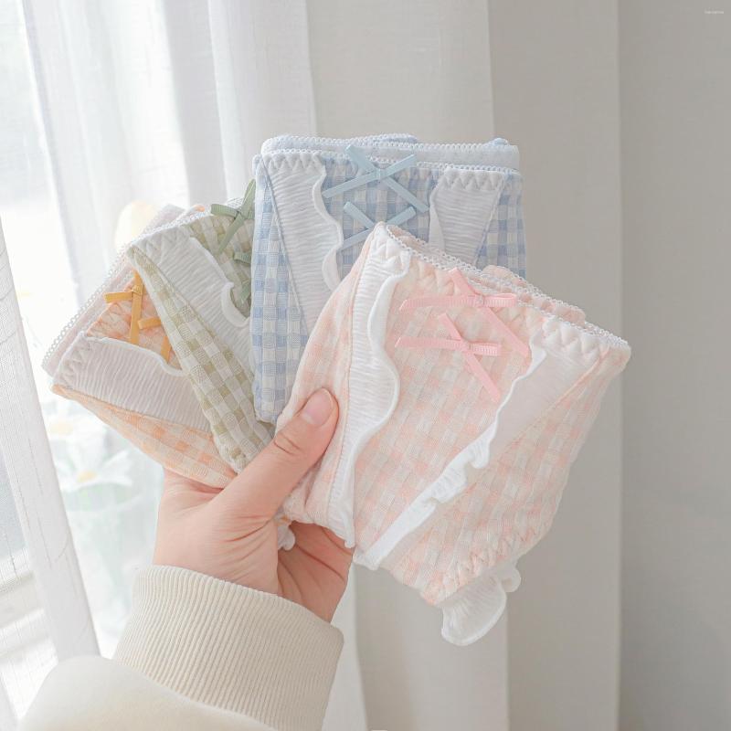 

Women's Panties Japanese Kawaii Plaid Seamless Women Sweet Bow Young Girl Lingerie Underpants N8266 Crotch Cotton, Blue