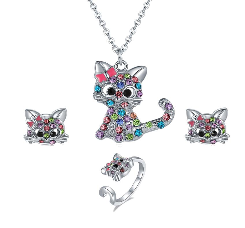 

Cute Cartoon Cat Necklace Earrings Ring Set Spot Color Kitten Childrens Animal Jewelry Sets3523480, Silver