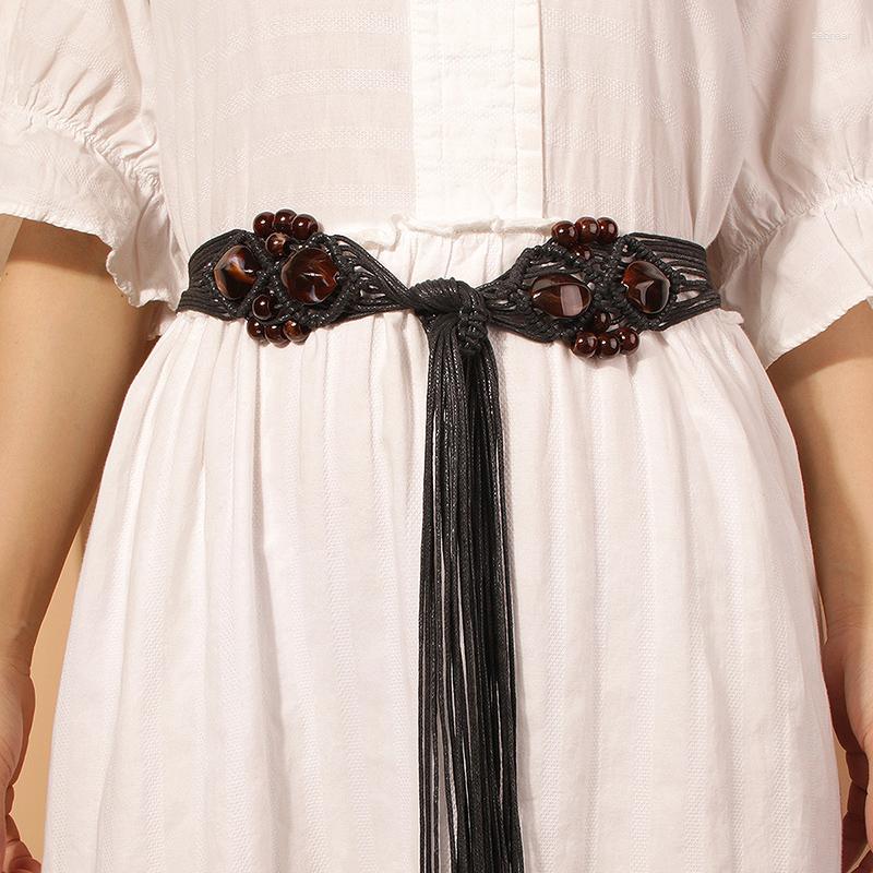 

Belts MYMC Bohemia Braided Leather Belt Women Lady Waistbands Waistband Casual Fashion Decoration With Tassels Strap For Jeans Dress, Black