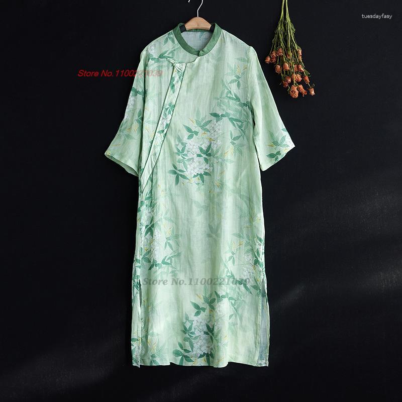 

Ethnic Clothing 2023 Chinese Vintage Cotton Linen Dress Improved Qipao National Flower Print Vestidos Cheongsam Oriental Folk