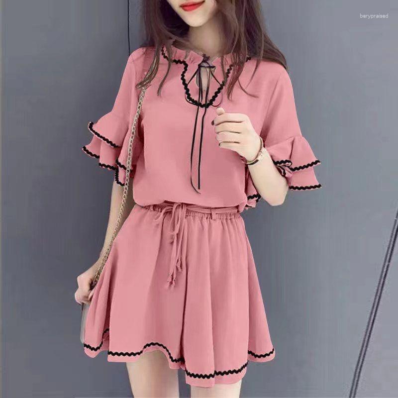 

Women's Tracksuits Pink Shorts T Shirts Matching Sets Summer Korean Loose Ruffle Sleeve Chiffon Top High Waist Wide Leg Cute Outfits For, Black