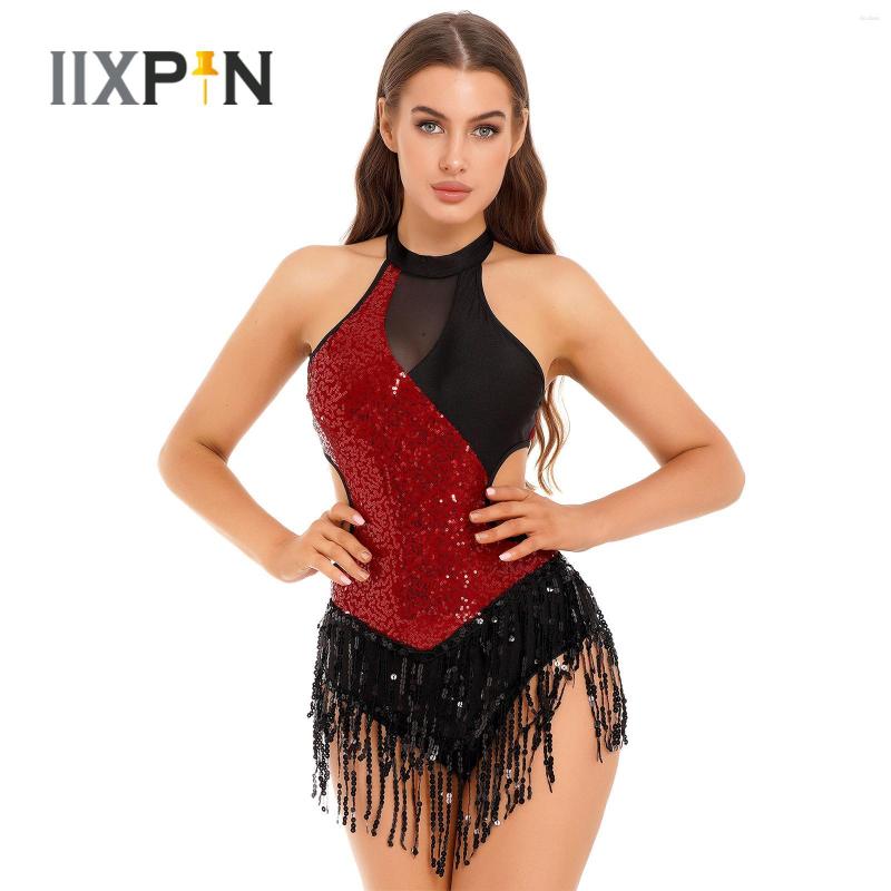 

Stage Wear Womens Latin Cha-Cha Dance Dress Shiny Sequin Sleeveless Bodysuit Fringed Tassel Leotard Dancewear Performance Costume, Royal blue