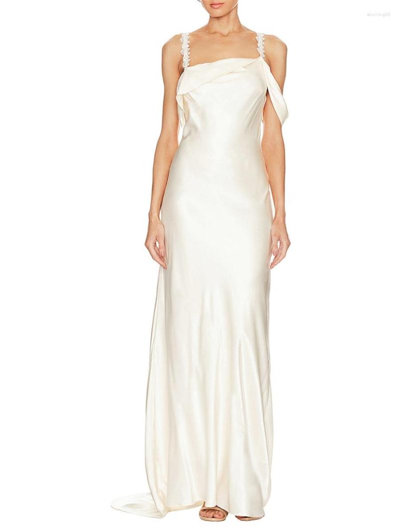 

Casual Dresses Women Sling Dress Elegant Charming Sleeveless Backless Irregular Ruffled Summer Long For Cocktail Party, White